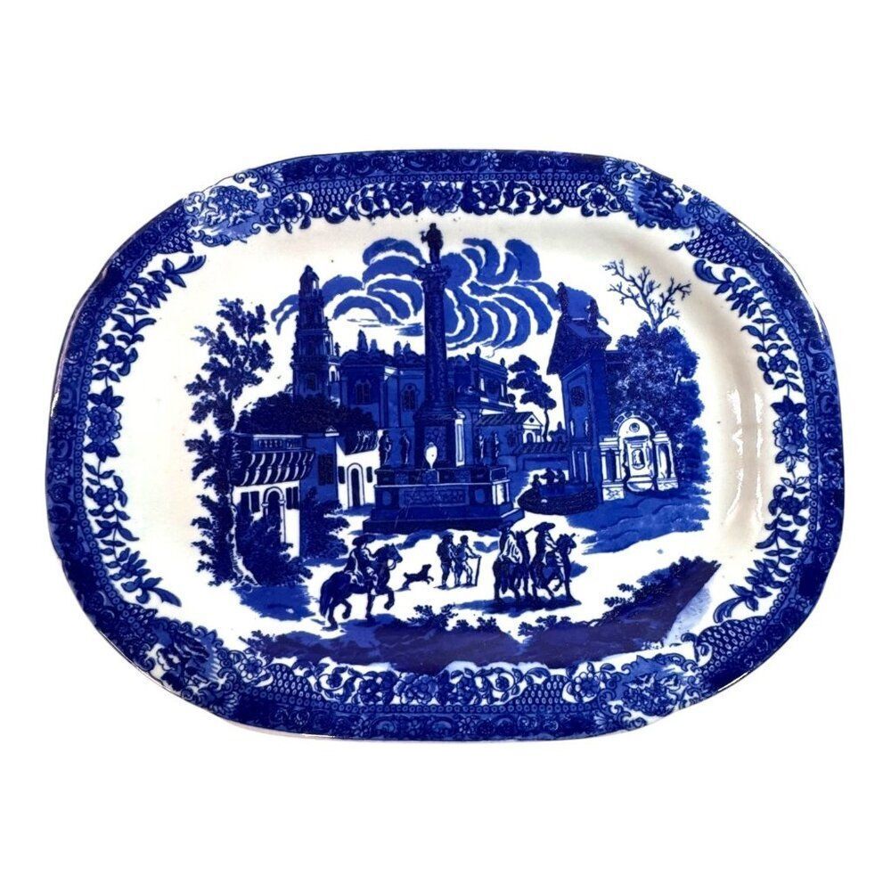 Antique Victoria Ware Ironstone Flow Blue Fox Hunting Horses Hound Platter 17"